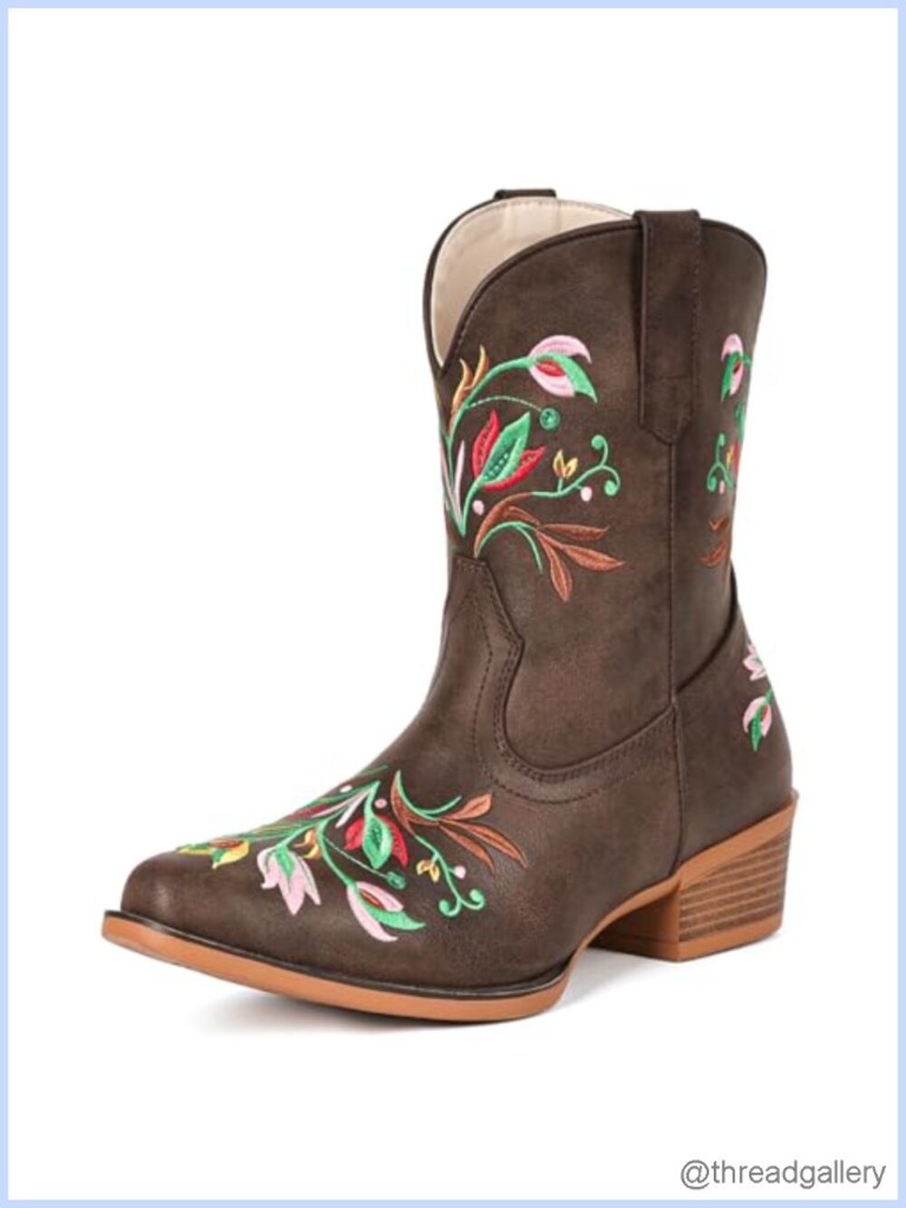 Faux Leather Western Cowboy Ankle Boots Block Heel Snip Toe Embroidered